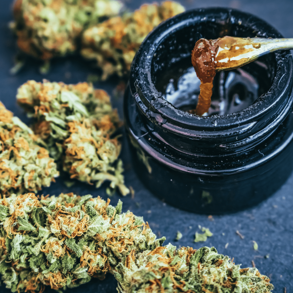 cannabis flower next to cannabis concentrate