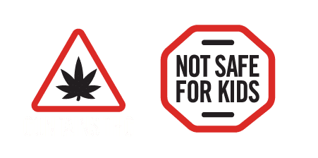 Cannabis warning icons featuring a 'Contains THC' red triangle and 'Not Safe For Kids' red octagon.
