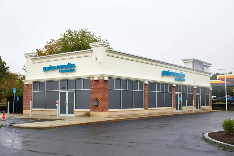 Exterior view and parking lot of Garden Remedies dispensary in Marlborough, MA
