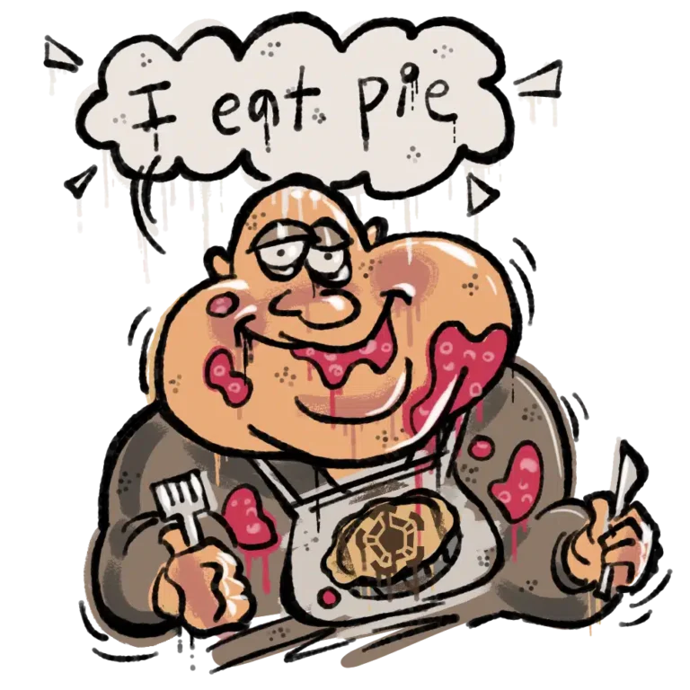 Illustration of a man with fork and knife saying "I eat pie"