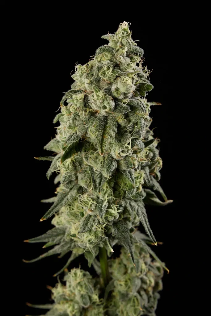 Close-up macro shot of Mayday cannabis flower bud showing frosty trichomes and orange pistils