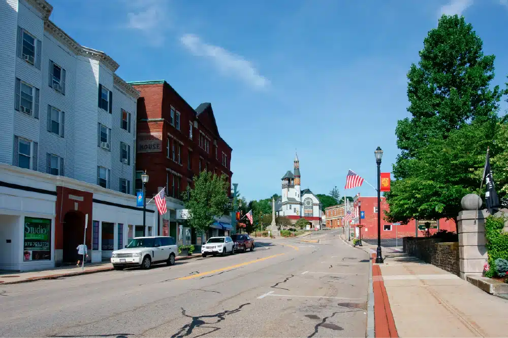 Street view of downtown Marlborough, MA near Garden Remedies dispensary