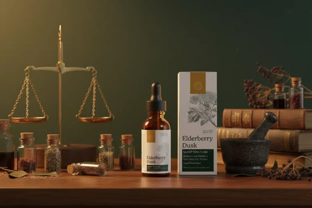 Garden Remedies Elderberry Dusk sleep tincture bottle and packaging box next to a brass balance scale and mortar and pestle