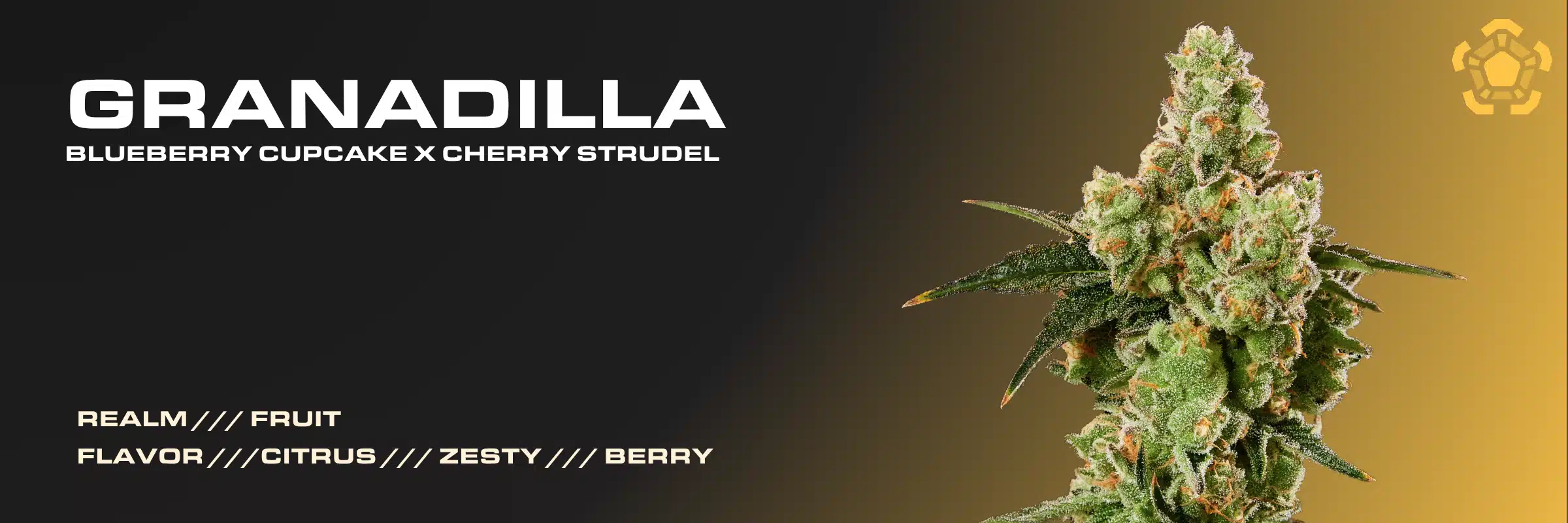 Granadilla cannabis strain banner featuring a flower bud, Blueberry Cupcake x Cherry Strudel lineage, and Fruit Realm classification.