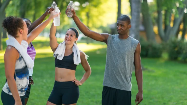 four adults in workout gear raise water bottles