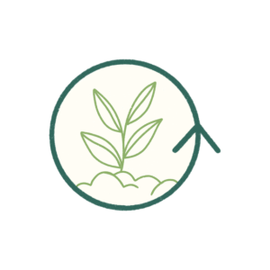 Green line art icon of a growing plant sprout inside a circular recycling arrow, representing organic composting