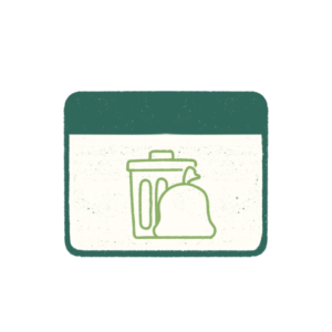Green icon of a calendar showing a trash can and full garbage bag for monthly cleanup service