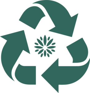 Green recycling symbol with a daisy flower in the center