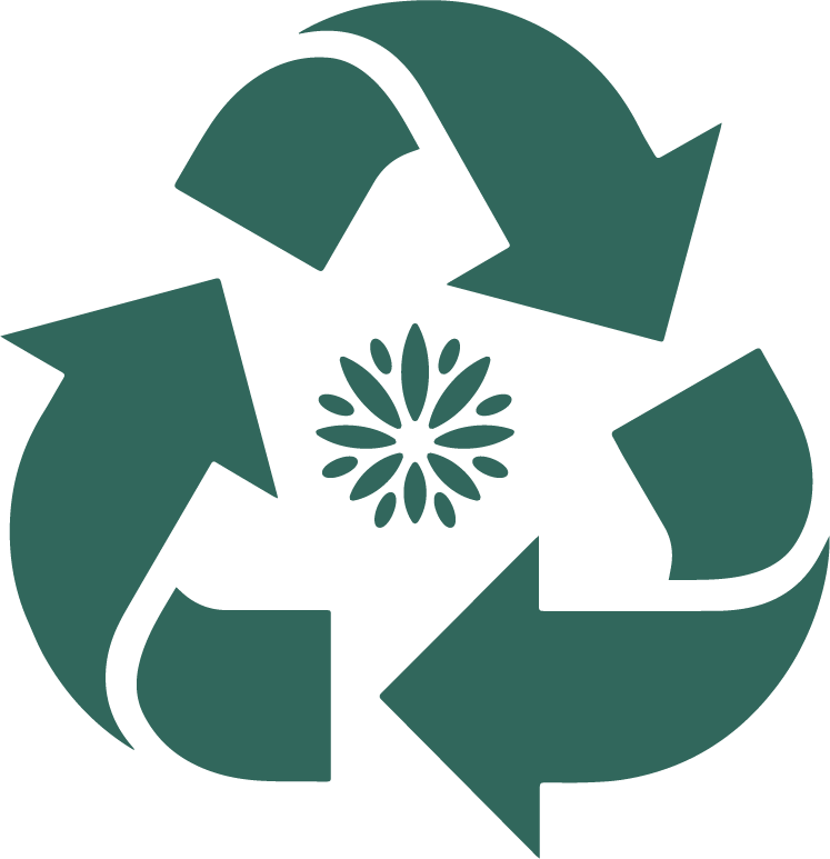 Green recycling symbol with a daisy flower in the center