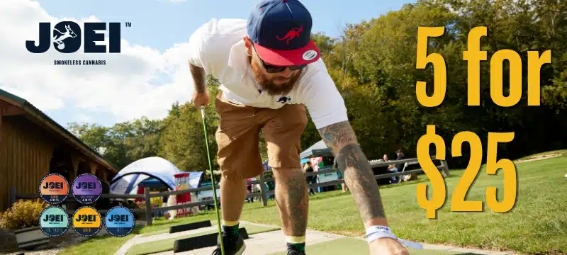Man plays mini-golf with overlay of promotional offer - 5 Joei smokeless cannabis pouches for $25
