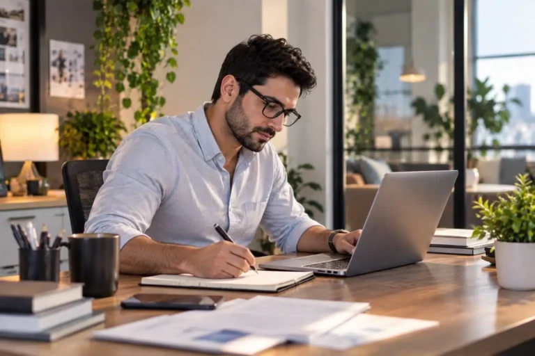 Focused employee working productively at his desk with a laptop and notebook in a modern office.