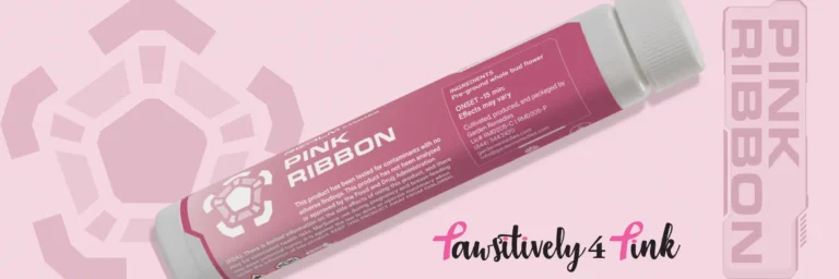 Pink Ribbon Pre-Roll tube in front of a pink background and Pawsitively 4 Pink logo