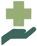 Illustration of a hand holding a green medical cross symbol